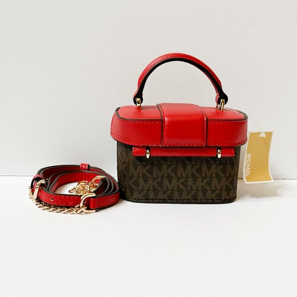 Michael Kors Rose MINI Trunk Crossbody Shoulder Bag MK Brown Red - Picture 2 of 10